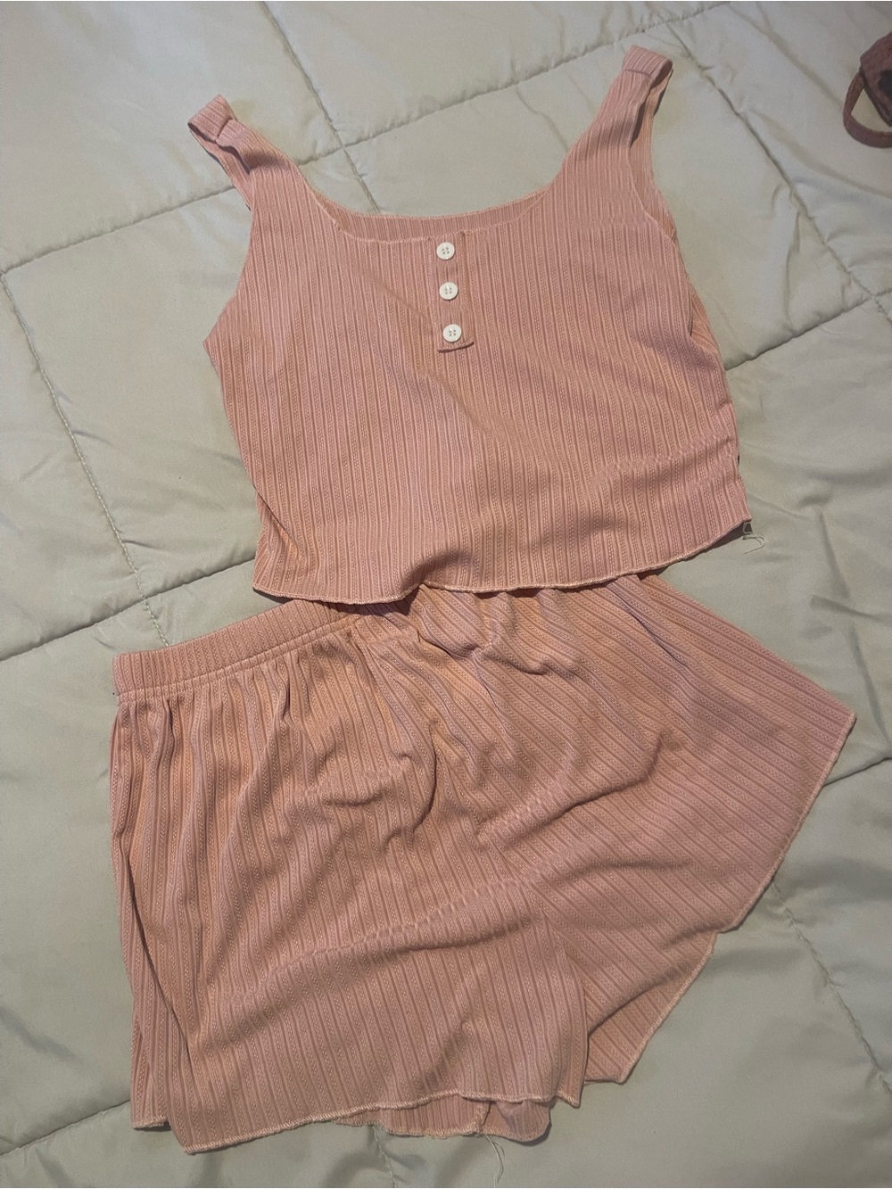 SHEIN Pink Ribbed Button Tank & Shorts Sleep Set